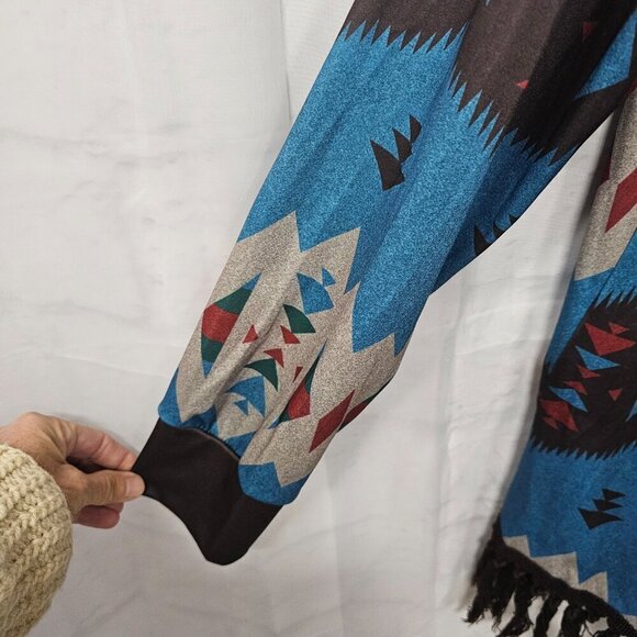 Blue Brown Aztec Kimono Fringed Southwestern Bohemian Cardigan XL - Picture 3 of 12